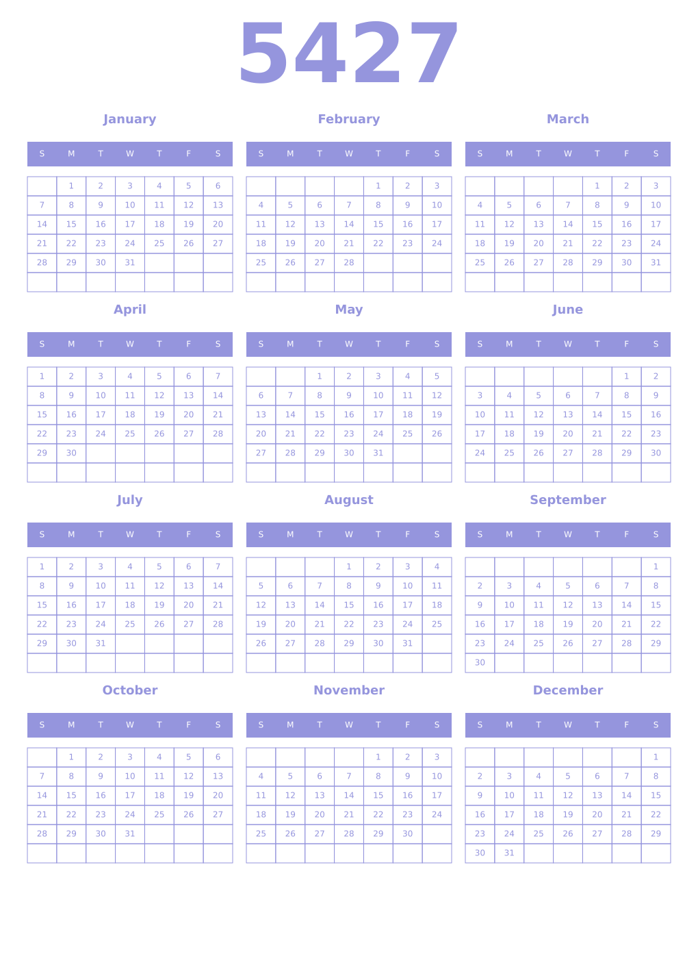 Printable 5427 Year Calendars periwinkle
