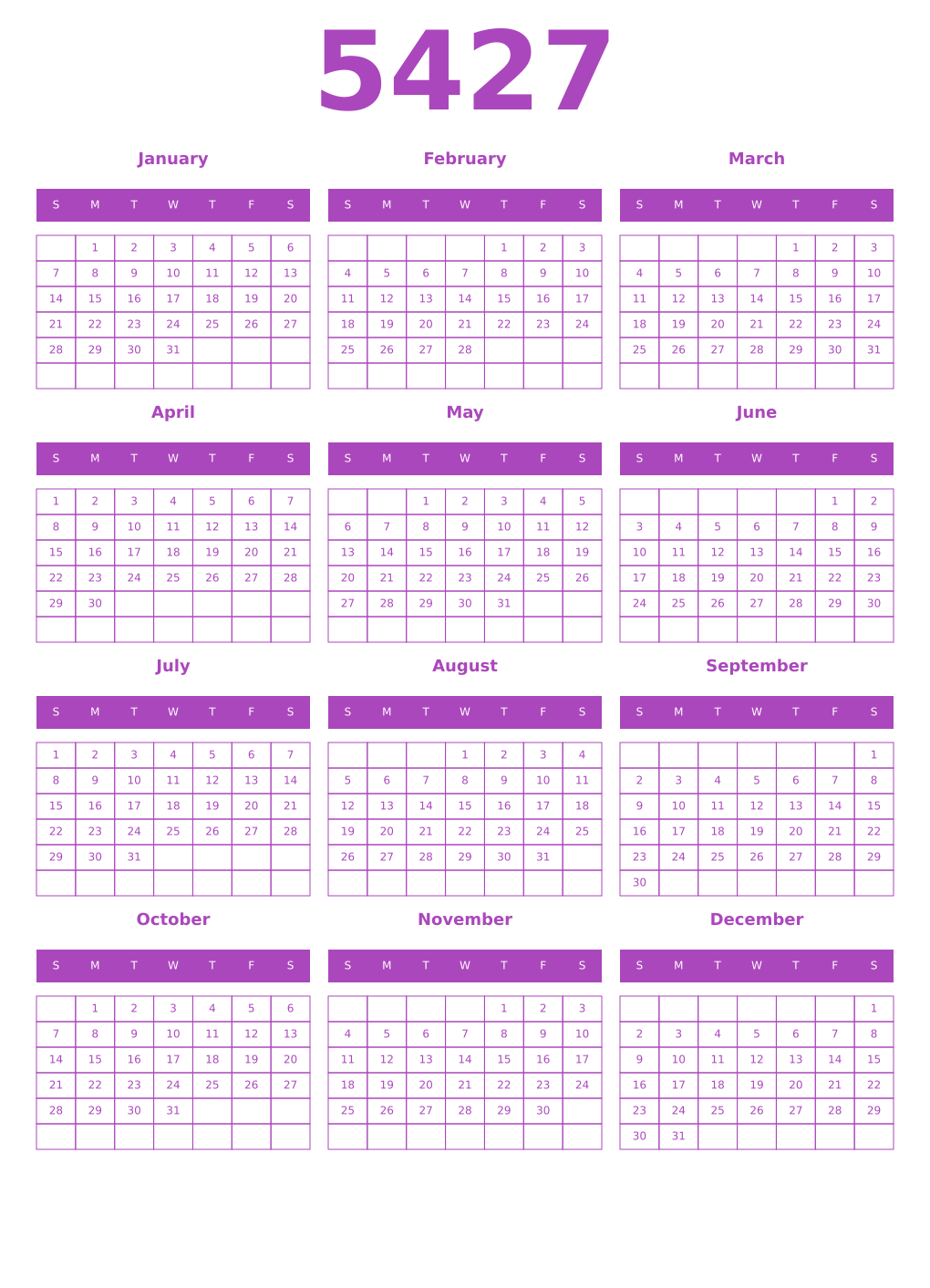 Printable 5427 Year Calendars purple