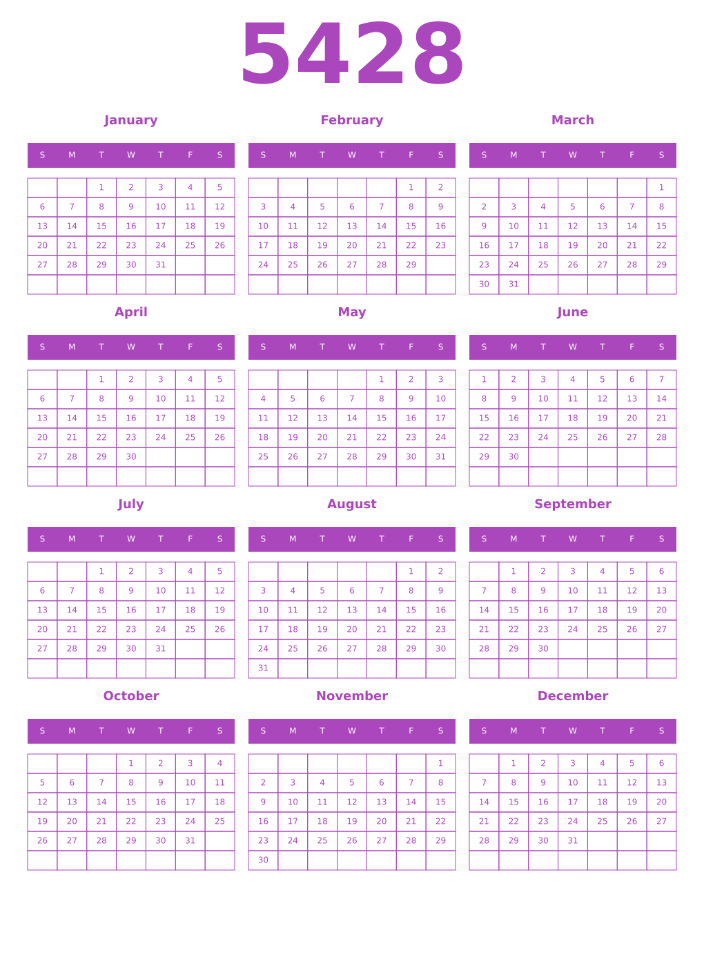 Printable 5428 Year Calendars purple