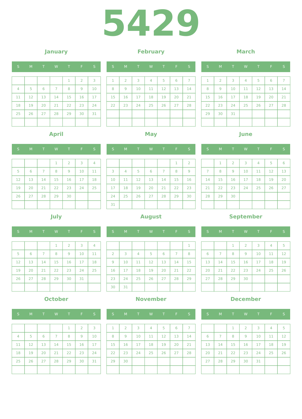 Printable 5429 Year Calendars celadon