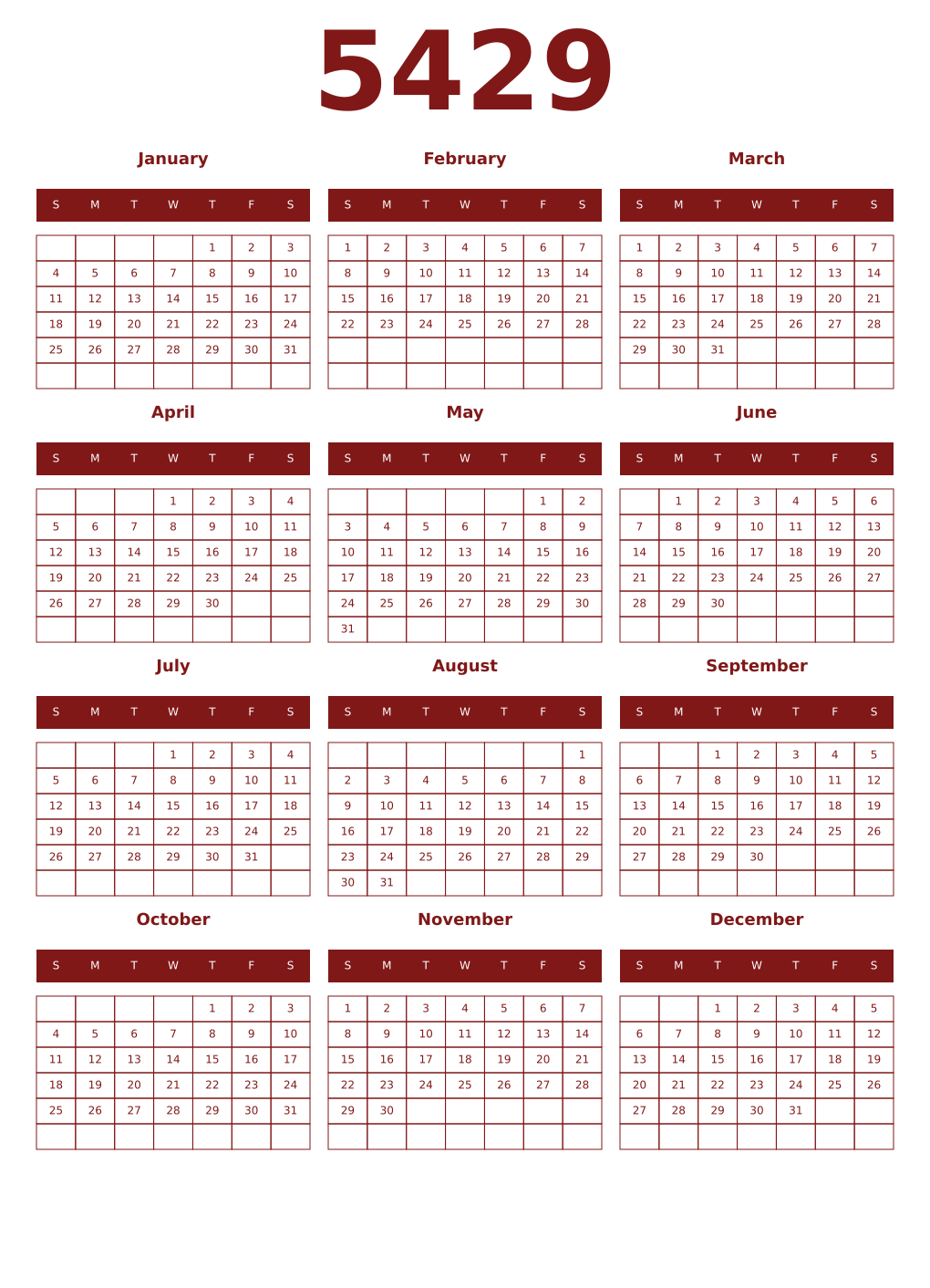 Printable 5429 Year Calendars falu