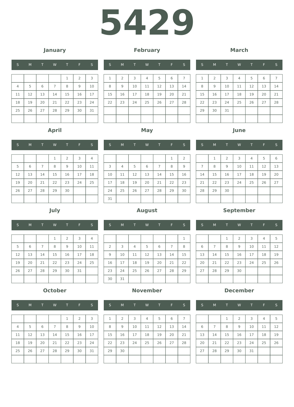 Printable 5429 Year Calendars feldgrau