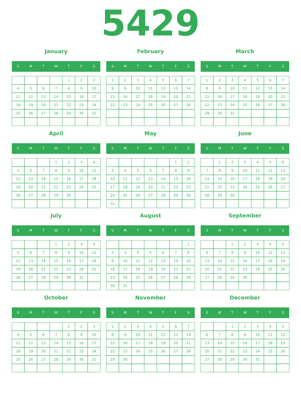 Printable 5429 Year Calendars green
