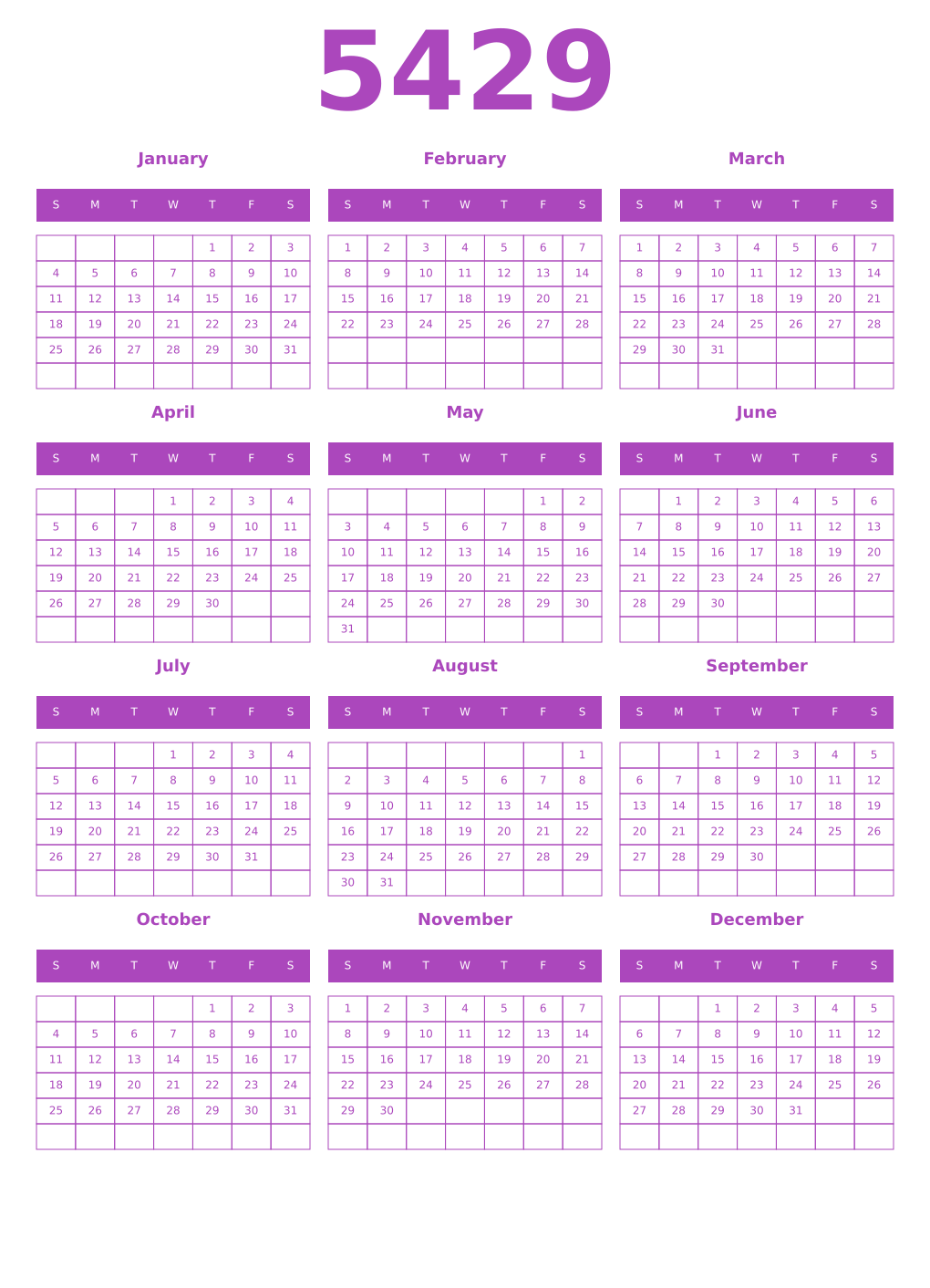 Printable 5429 Year Calendars purple