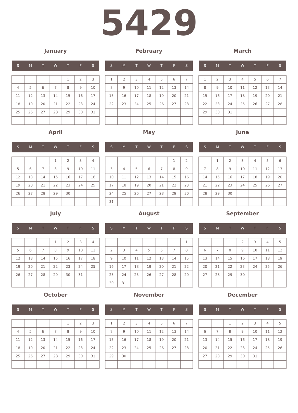 Printable 5429 Year Calendars wenge