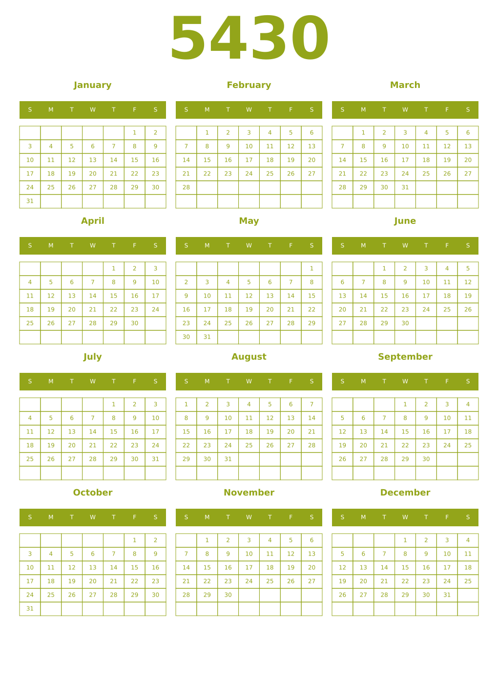 Printable 5430 Year Calendars chartreuse