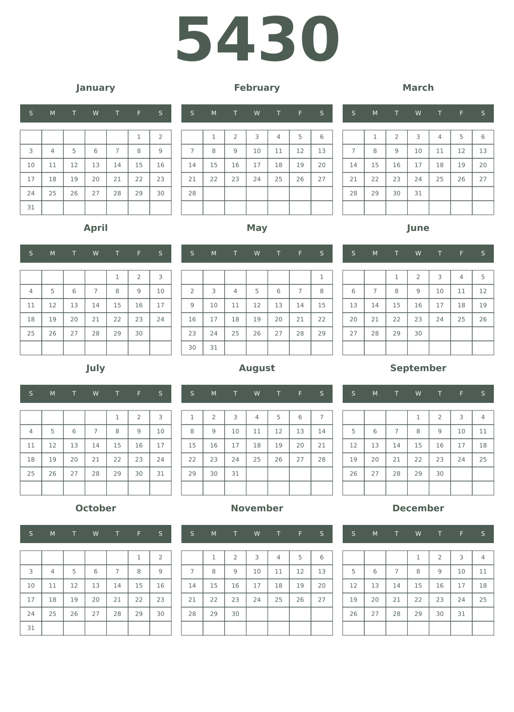 Printable 5430 Year Calendars feldgrau