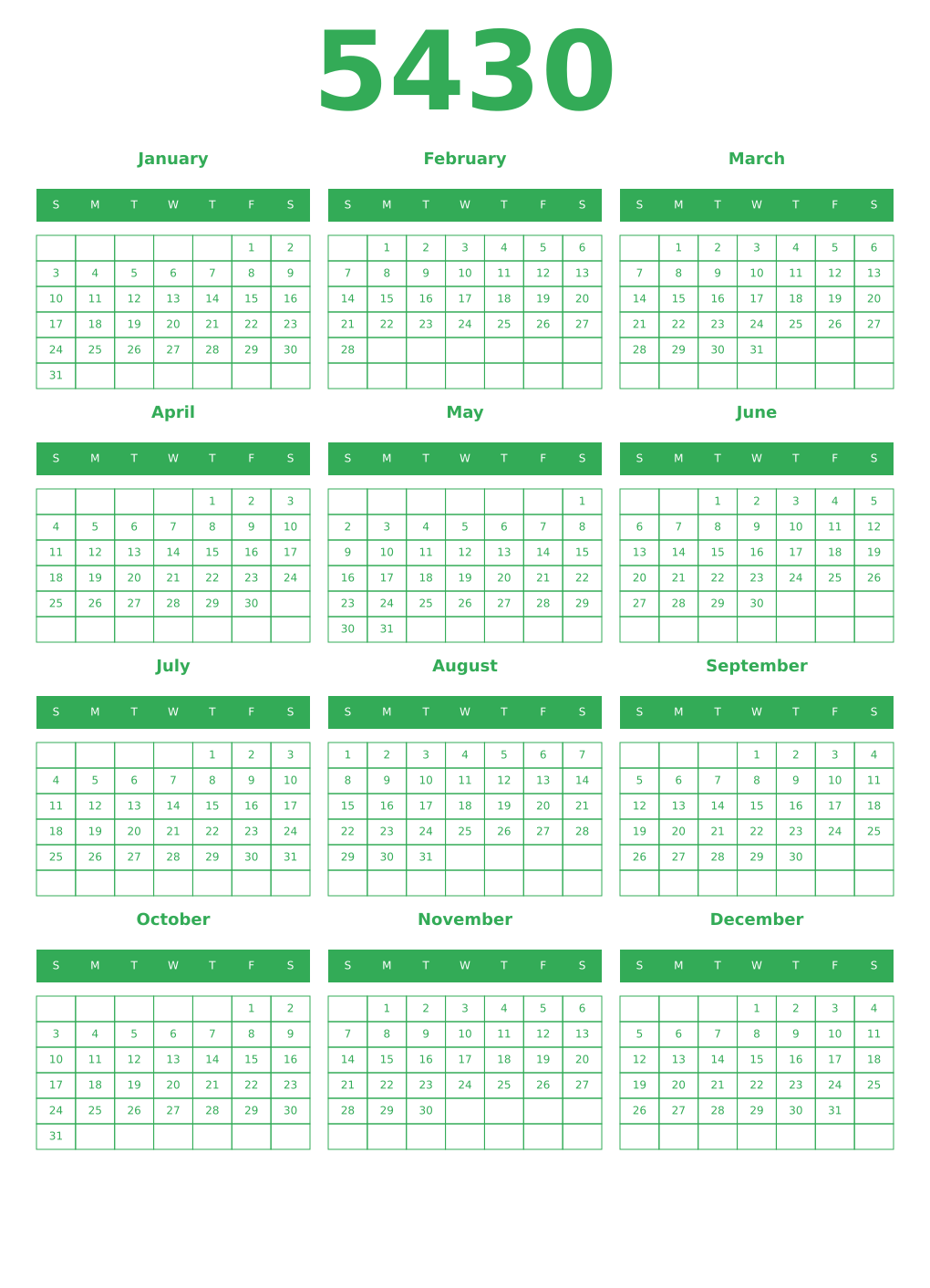 Printable 5430 Year Calendars green