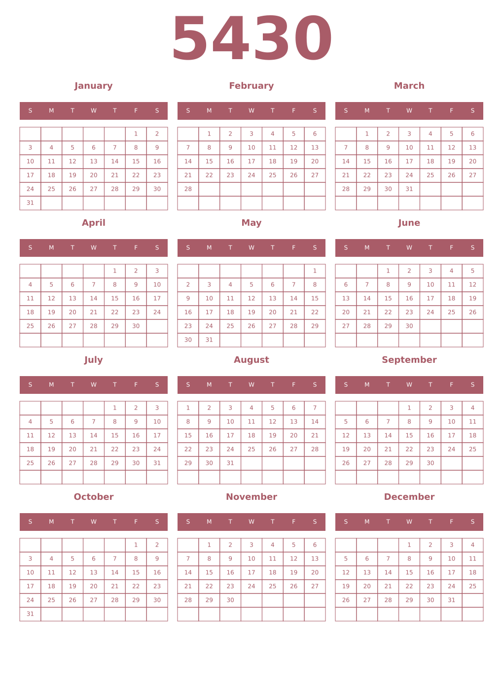 Printable 5430 Year Calendars puce