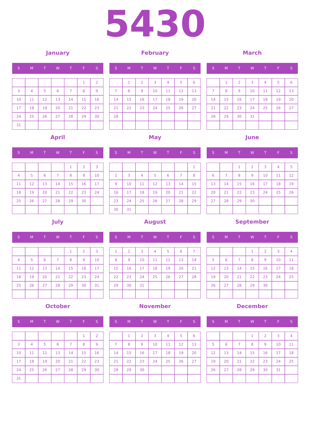 Printable 5430 Year Calendars purple