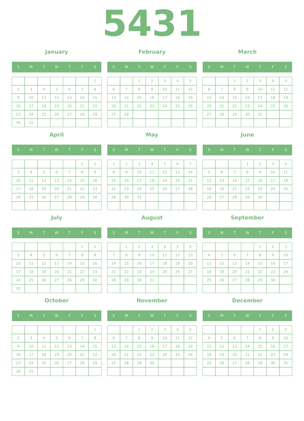 Printable 5431 Year Calendars celadon