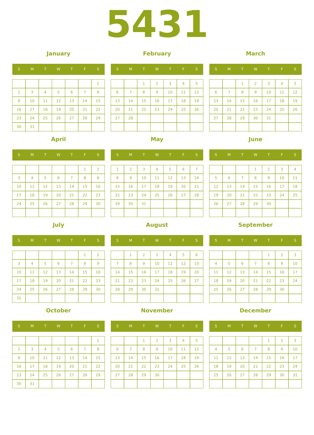 Printable 5431 Year Calendars chartreuse