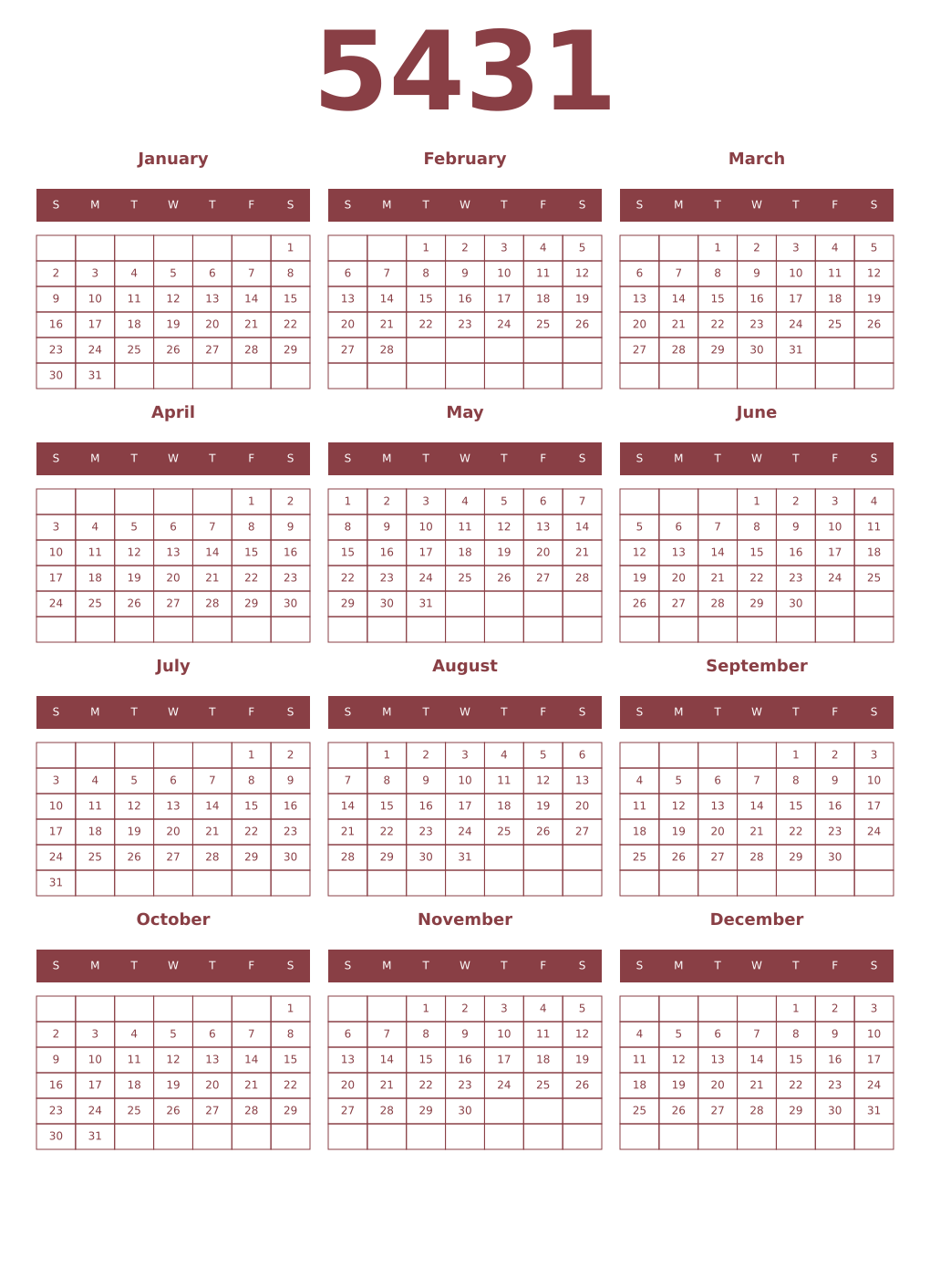 Printable 5431 Year Calendars cordovan