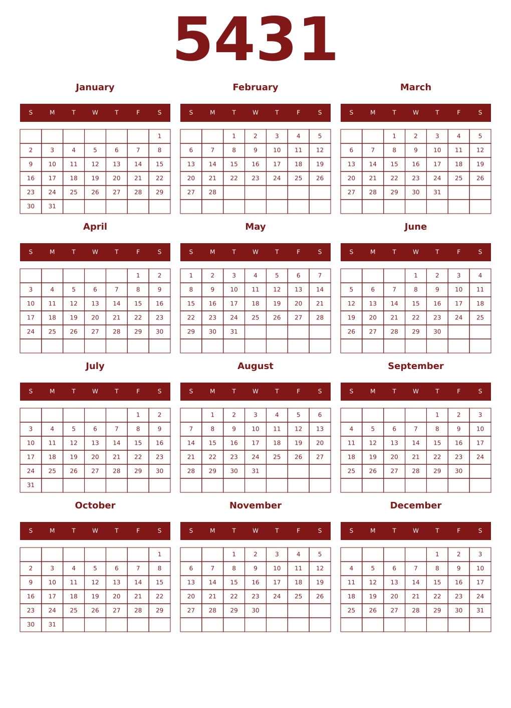 Printable 5431 Year Calendars falu