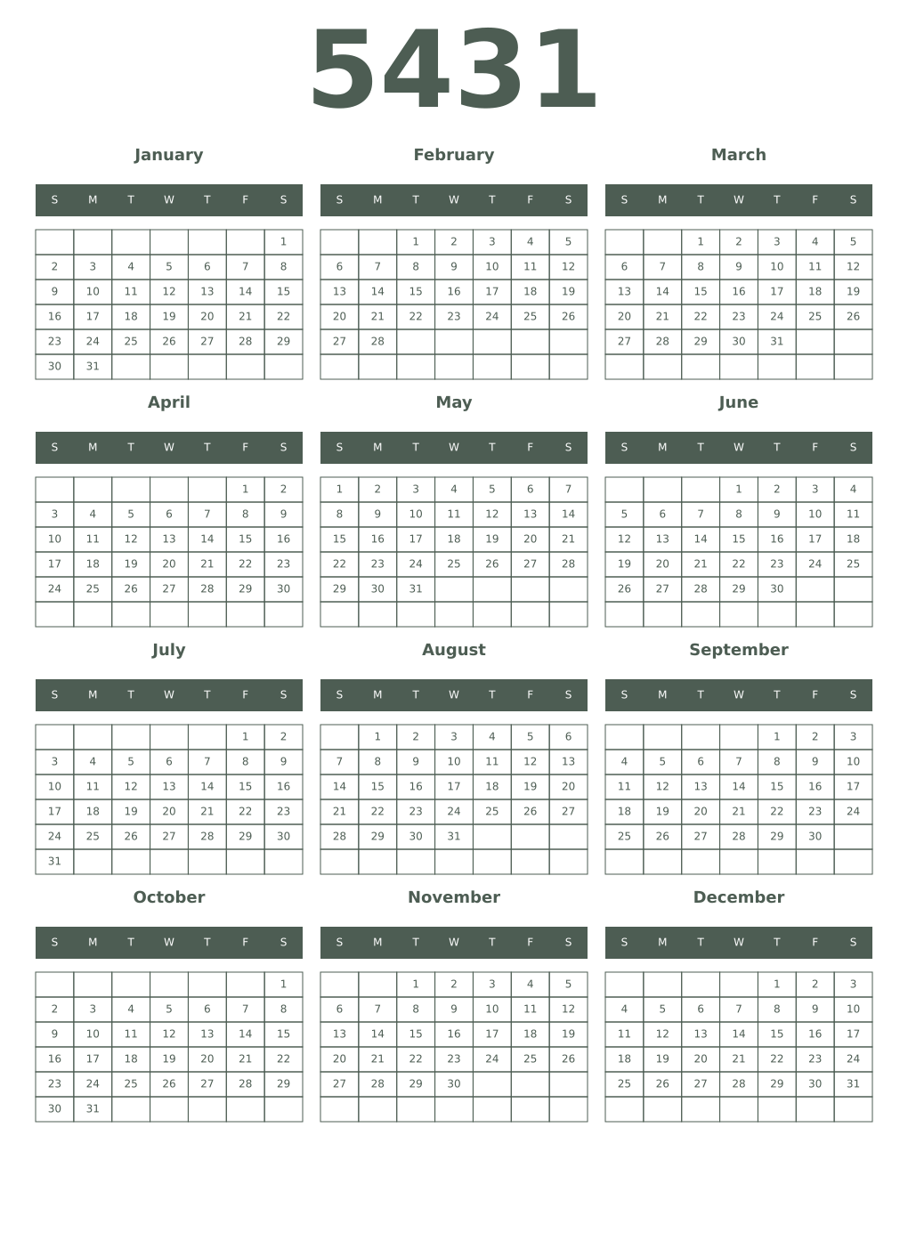 Printable 5431 Year Calendars feldgrau