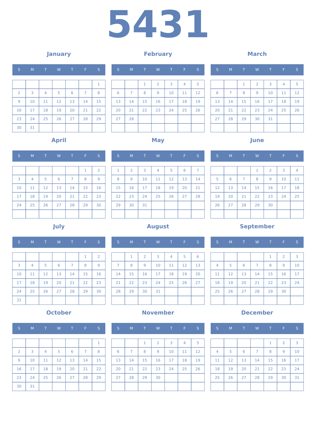 Printable 5431 Year Calendars glaucous