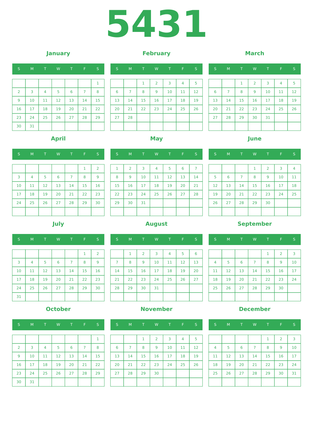 Printable 5431 Year Calendars green