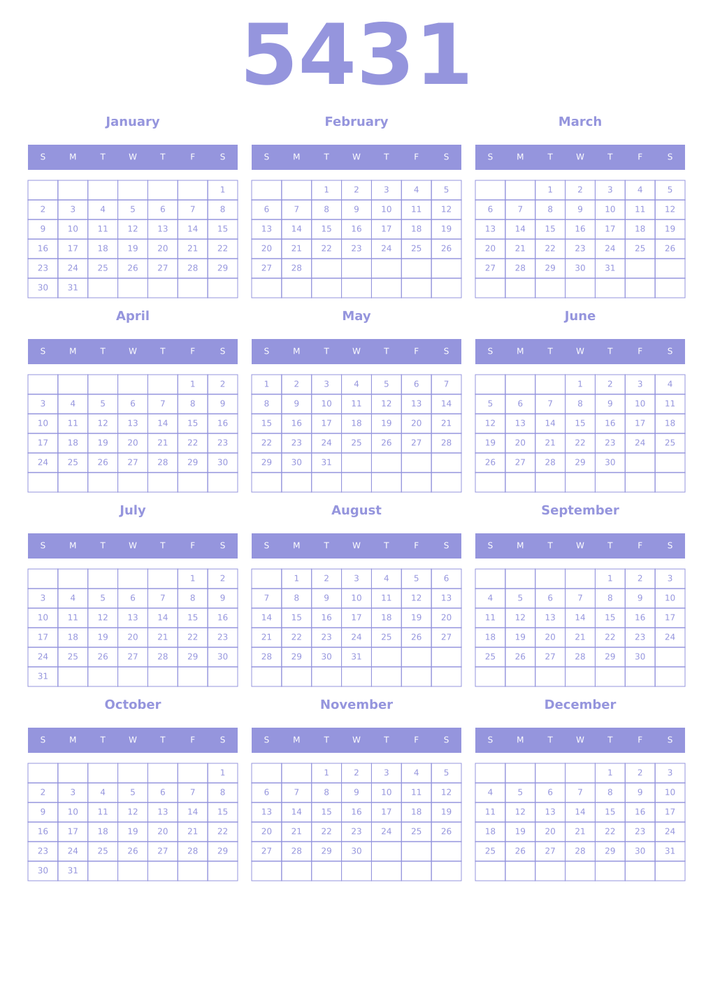 Printable 5431 Year Calendars periwinkle