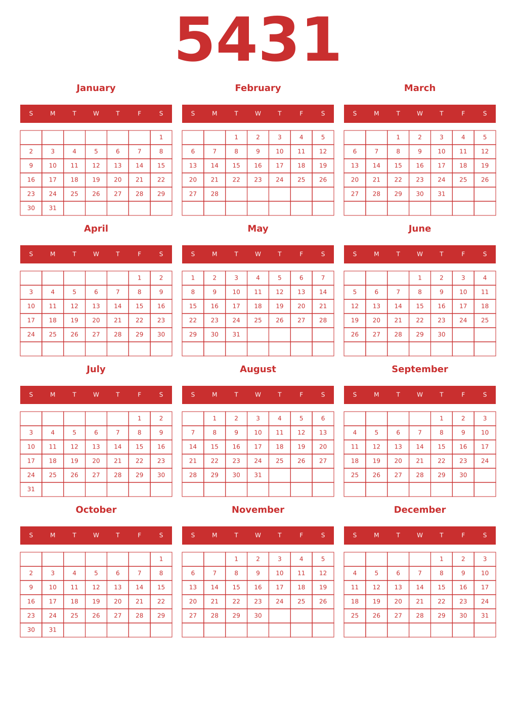 Printable 5431 Year Calendars red