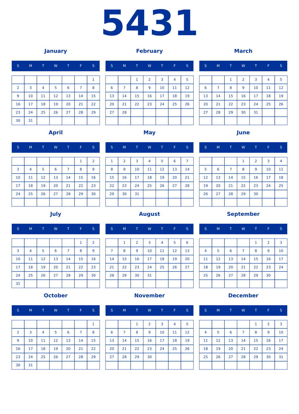 Printable 5431 Year Calendars smalt