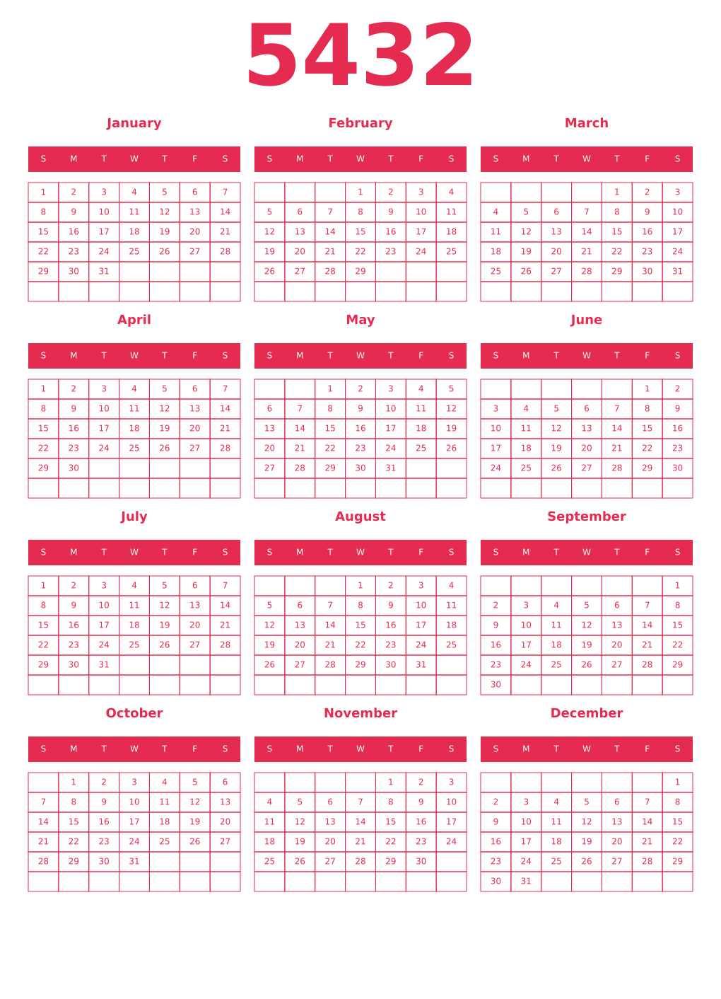 Printable 5432 Year Calendars amaranth