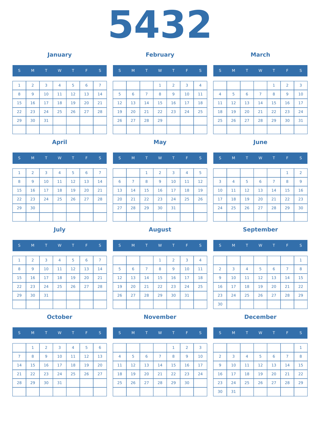 Printable 5432 Year Calendars blue
