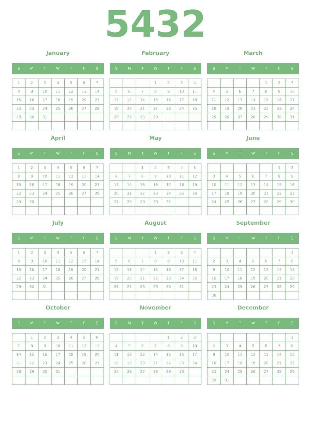 Printable 5432 Year Calendars celadon