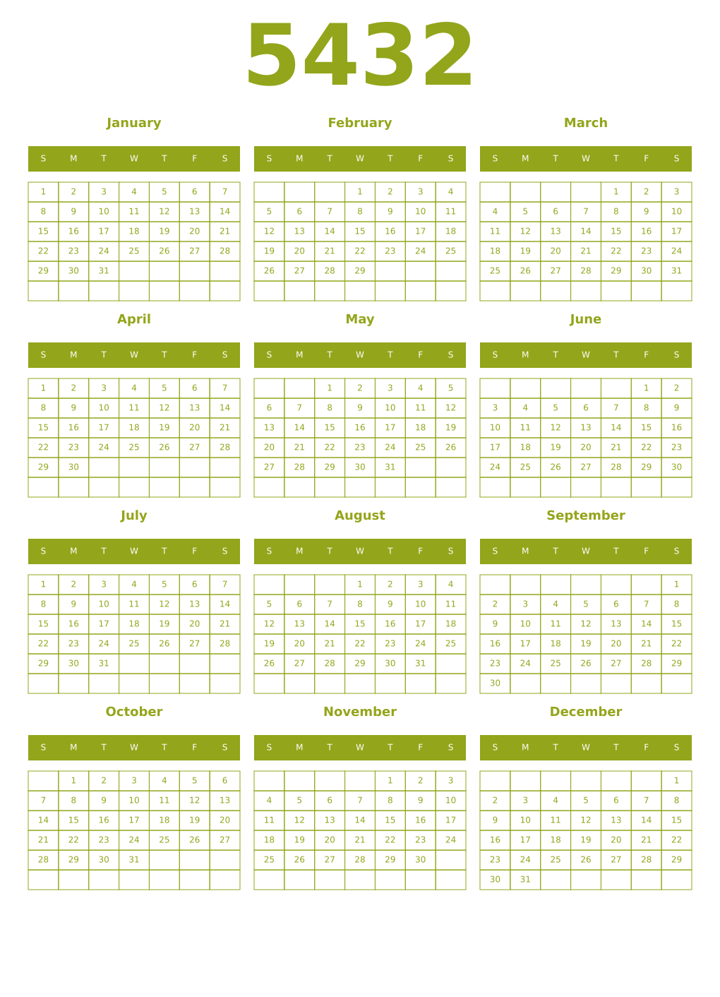 Printable 5432 Year Calendars chartreuse