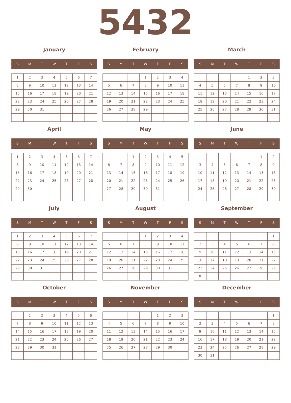 Printable 5432 Year Calendars coffe