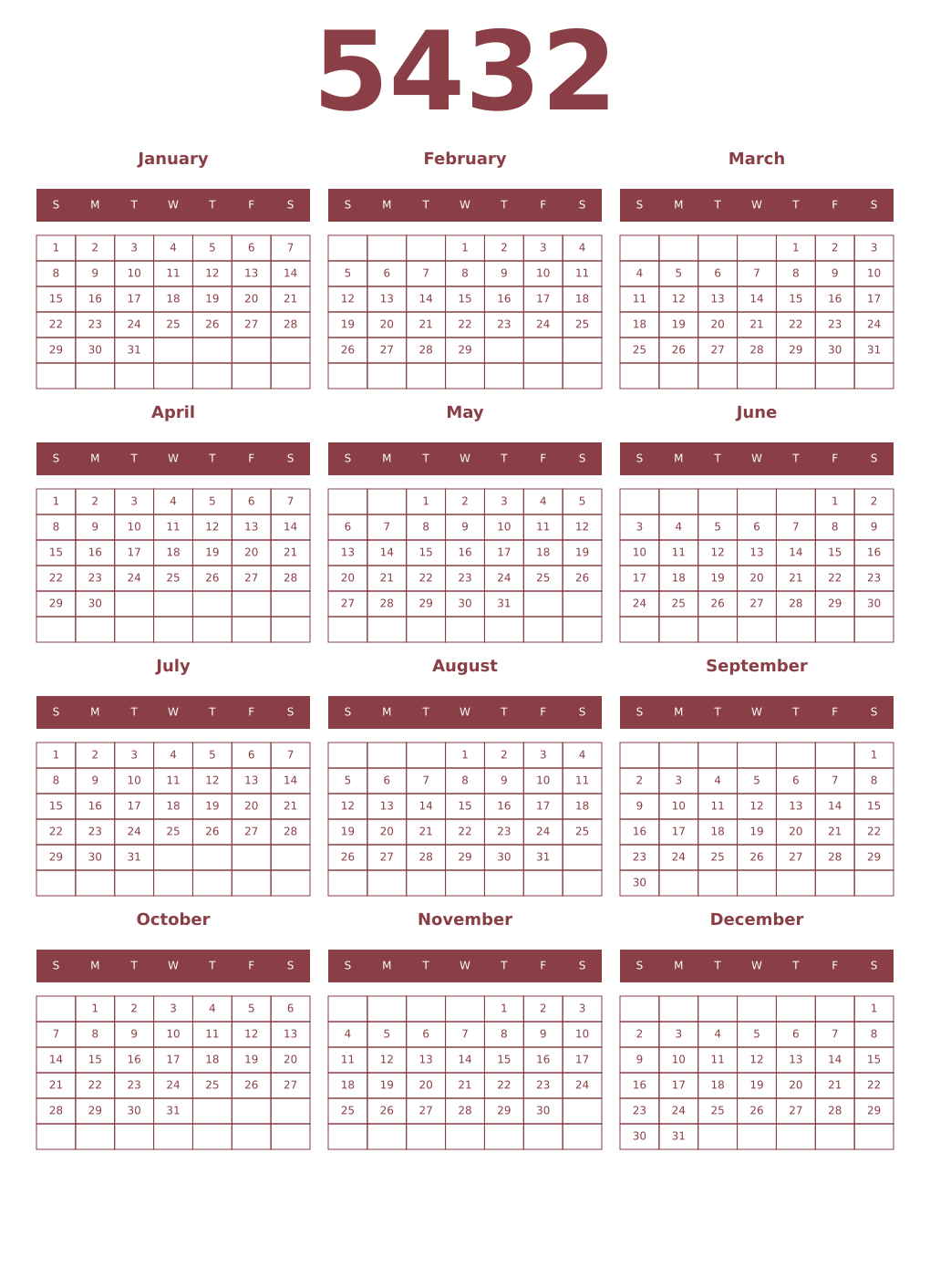 Printable 5432 Year Calendars cordovan