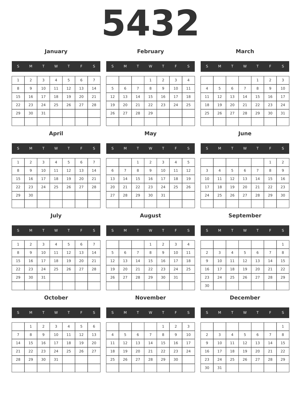 Printable 5432 Year Calendars dark
