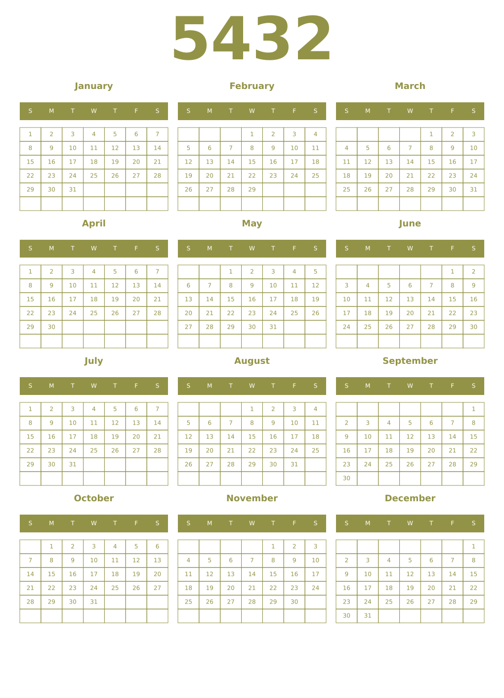 Printable 5432 Year Calendars eburnean