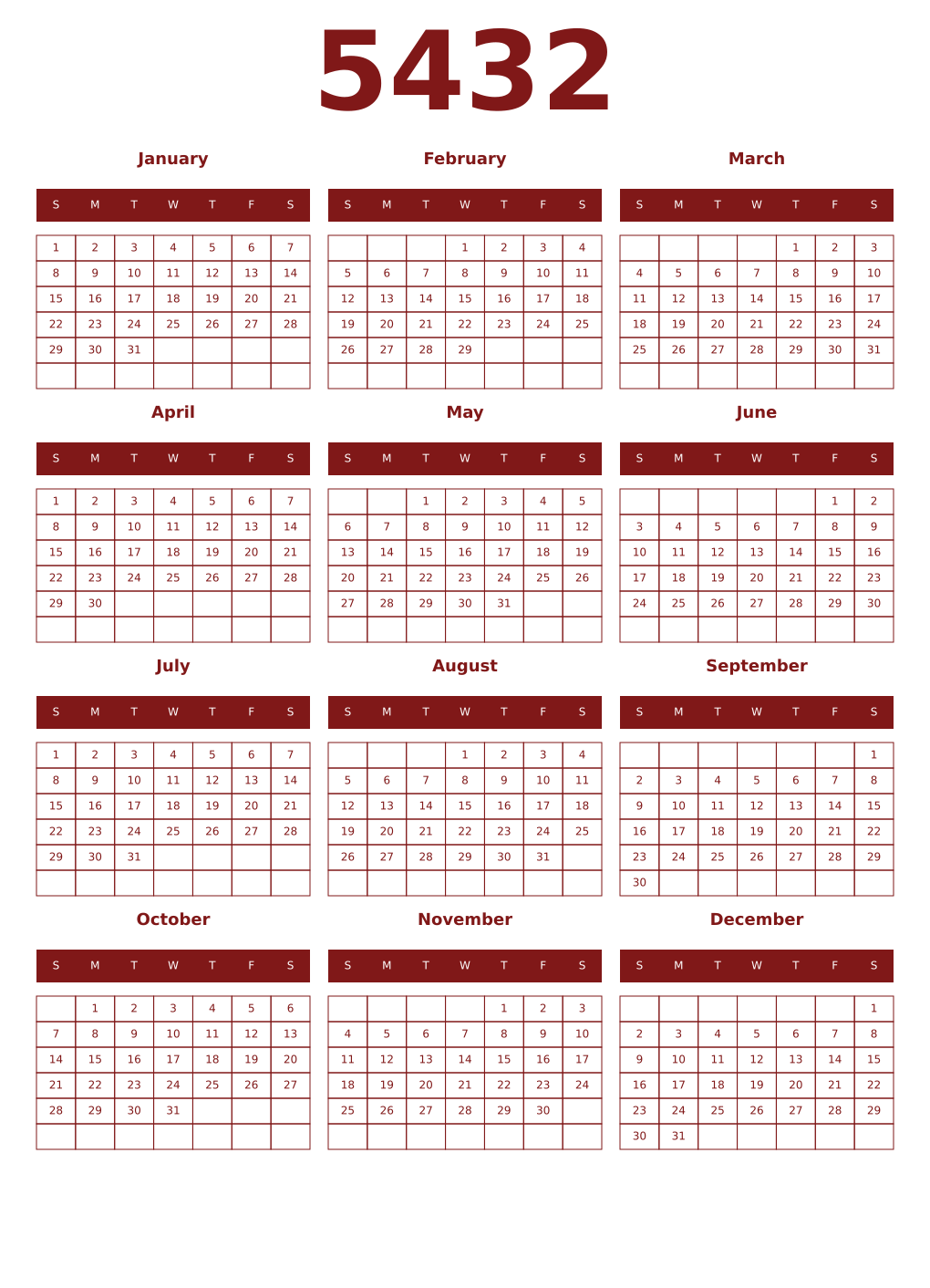 Printable 5432 Year Calendars falu