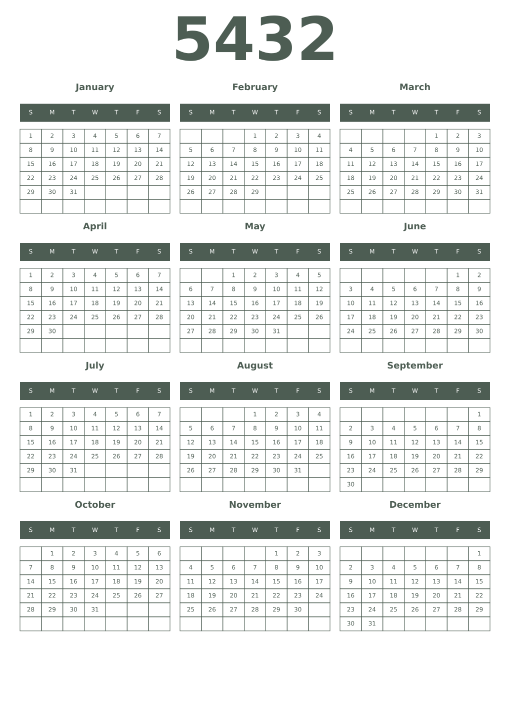 Printable 5432 Year Calendars feldgrau