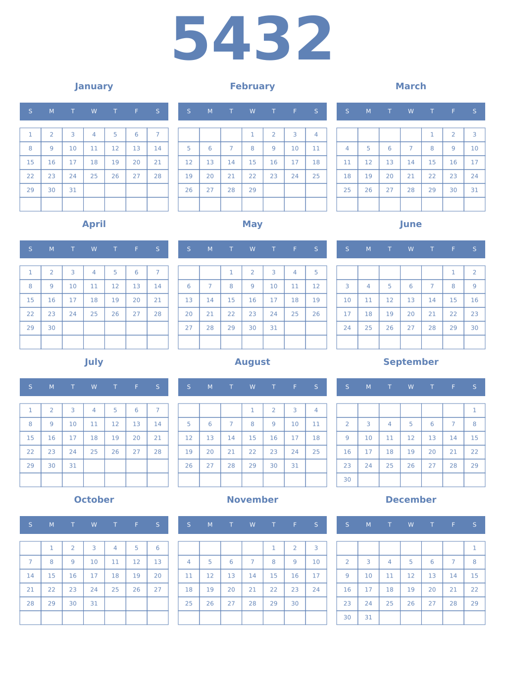 Printable 5432 Year Calendars glaucous