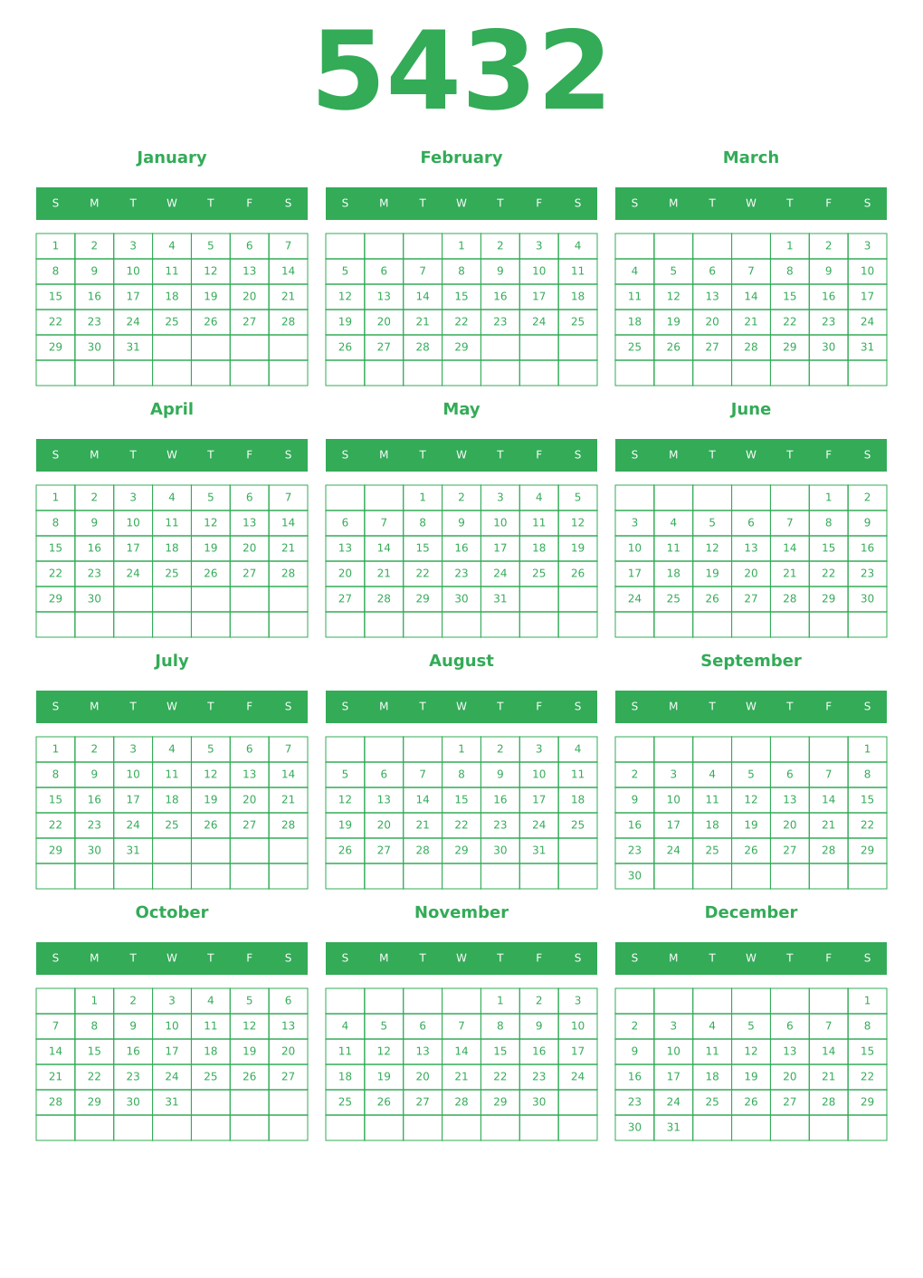 Printable 5432 Year Calendars green