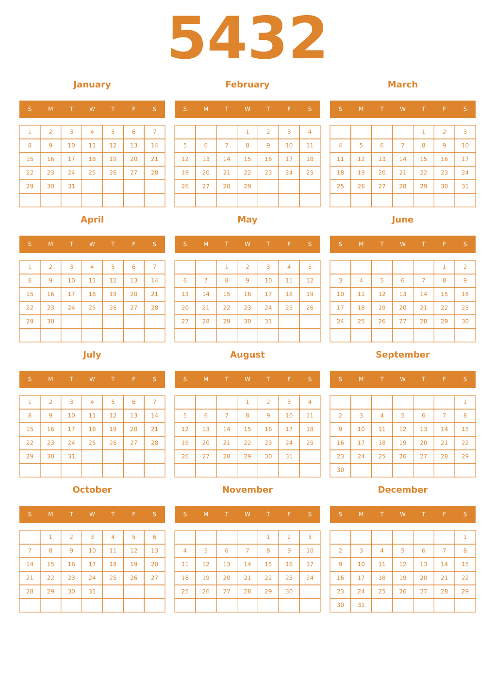 Printable 5432 Year Calendars orange