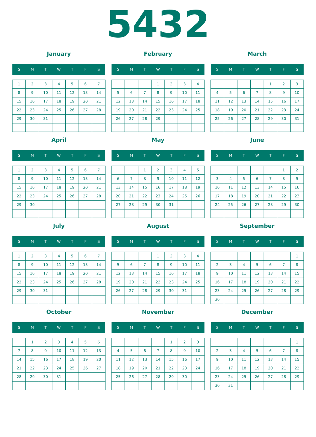 Printable 5432 Year Calendars pastel