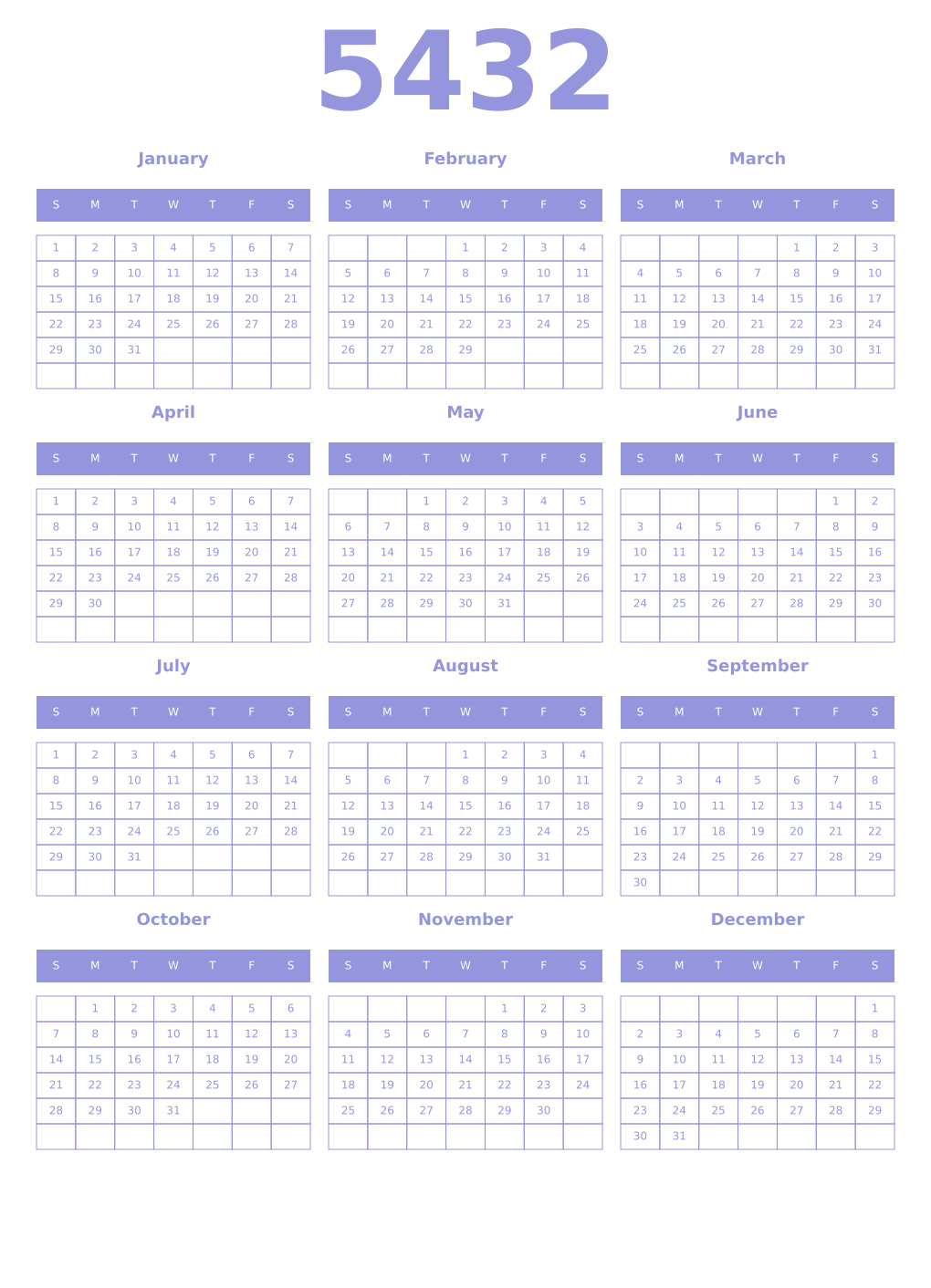 Printable 5432 Year Calendars periwinkle