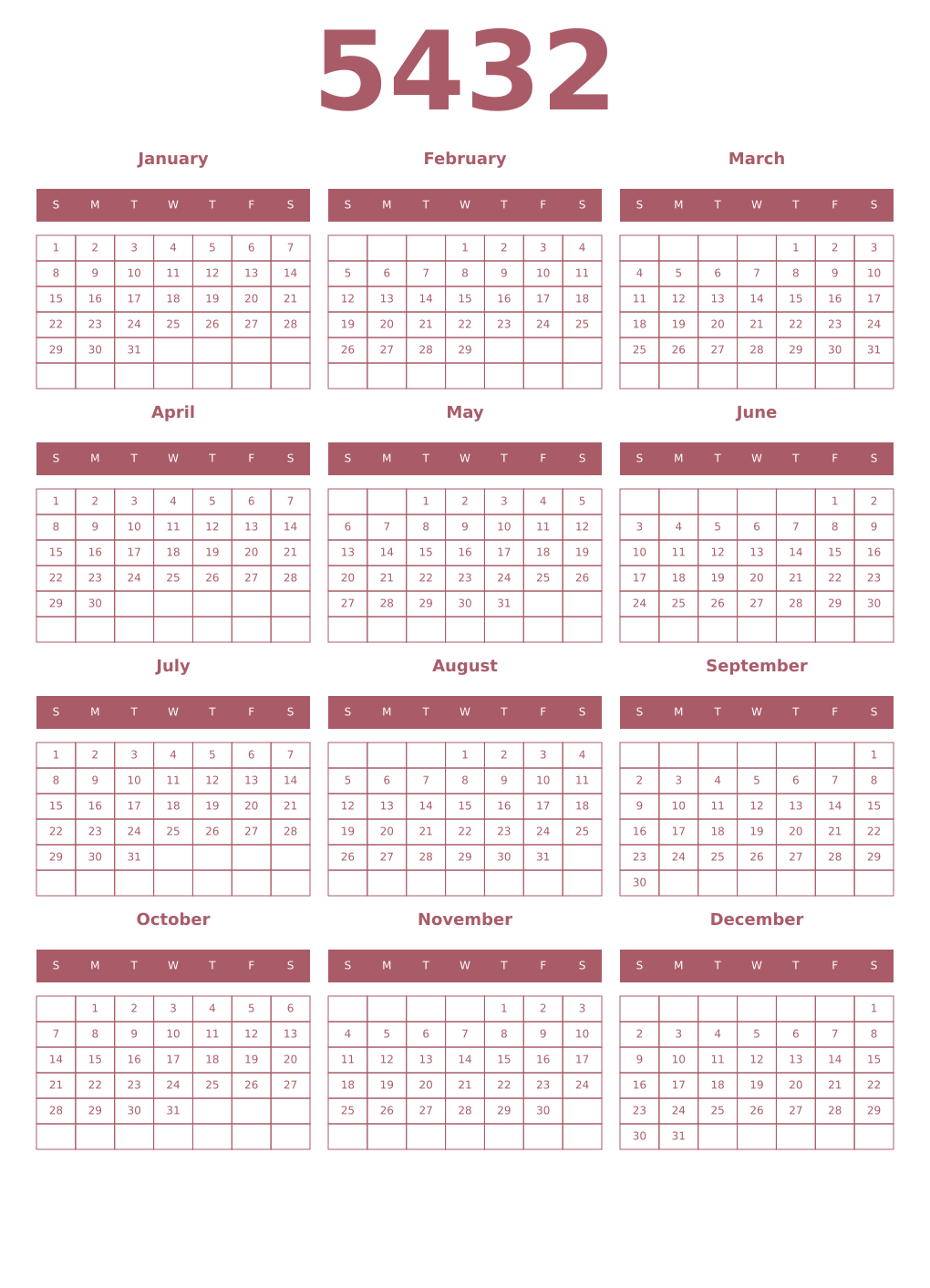 Printable 5432 Year Calendars puce
