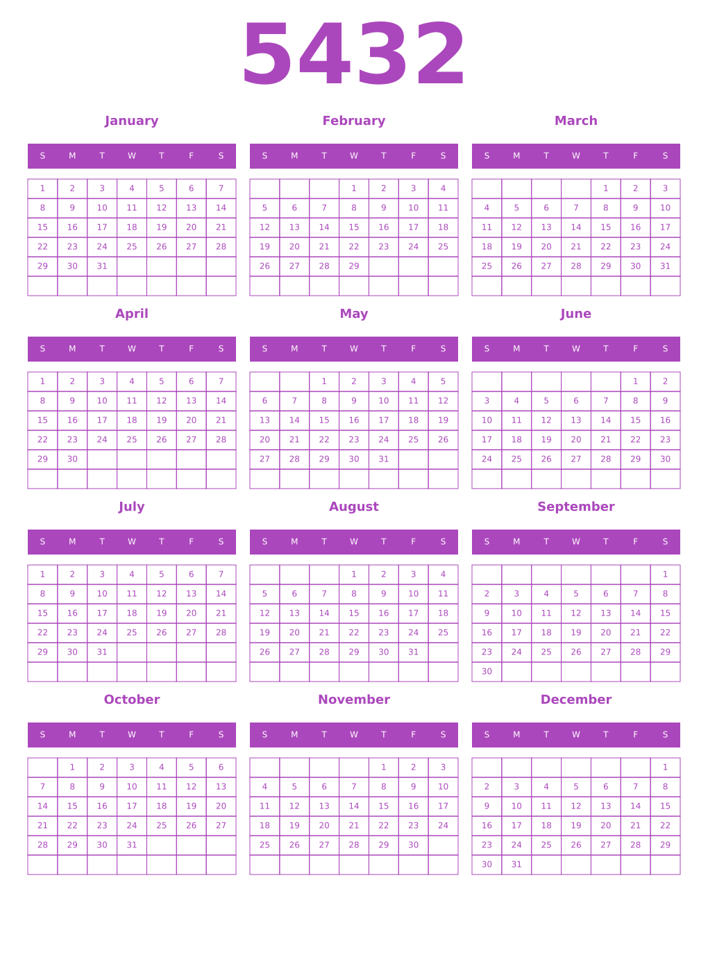 Printable 5432 Year Calendars purple