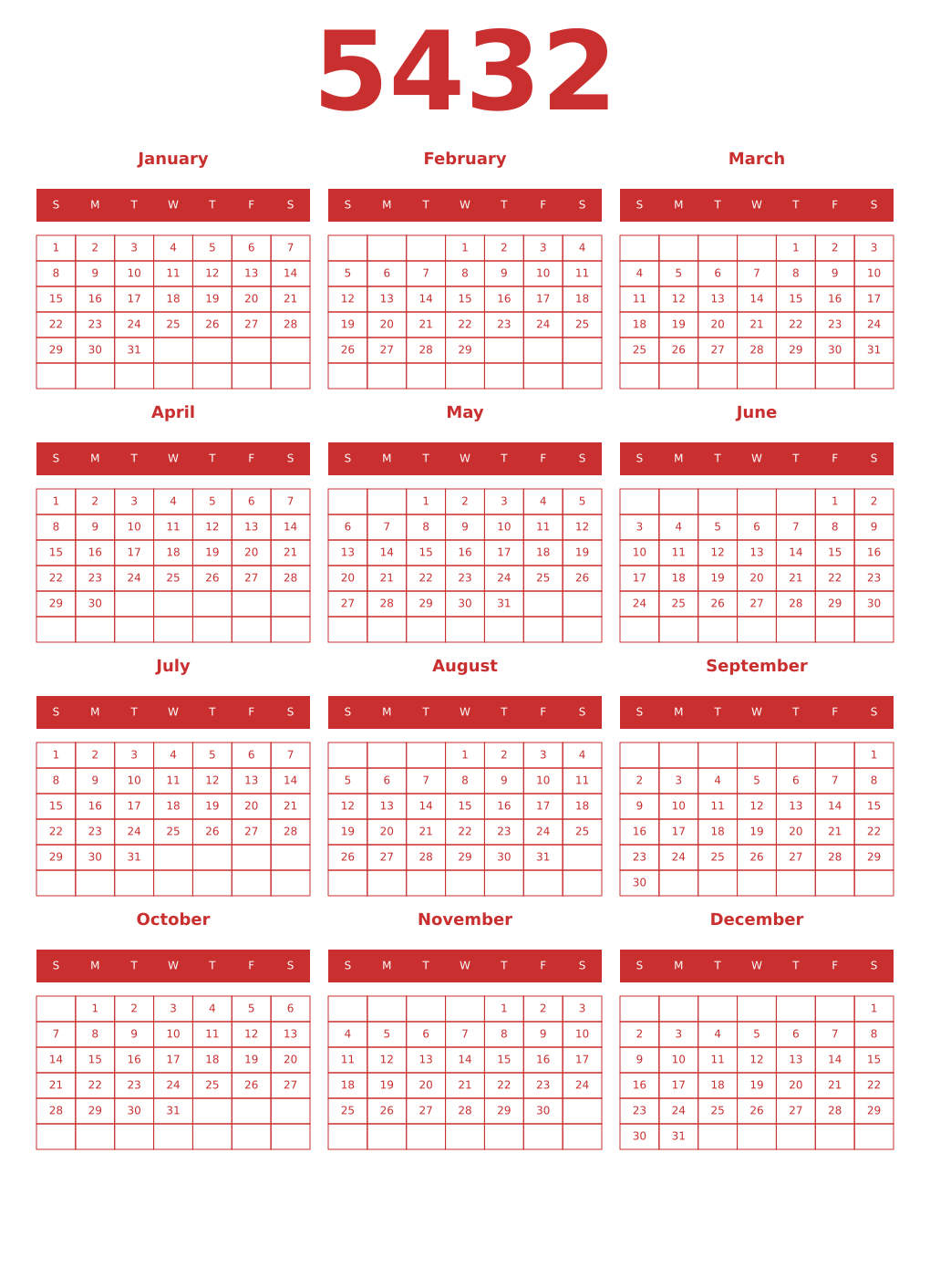 Printable 5432 Year Calendars red