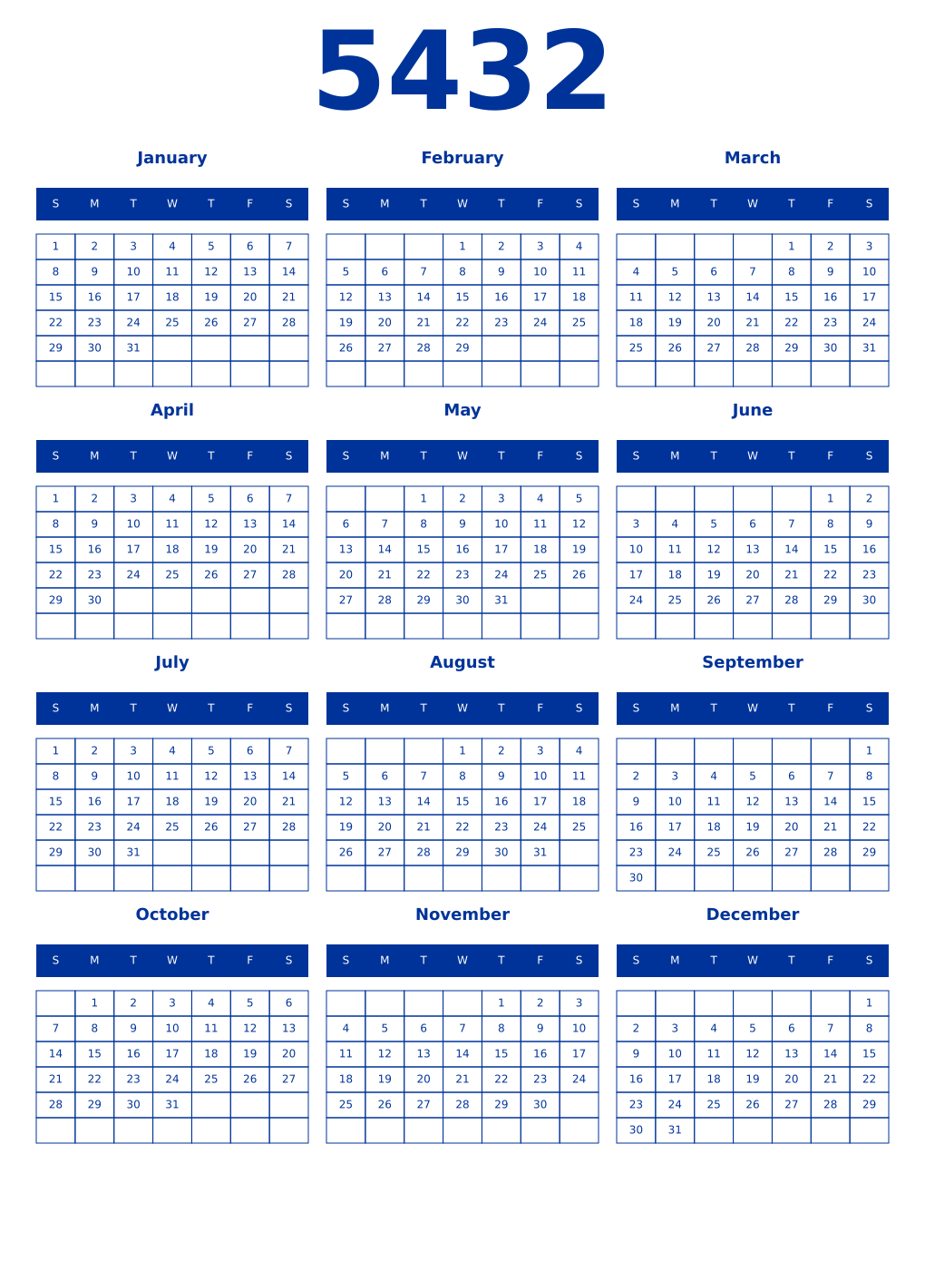Printable 5432 Year Calendars smalt