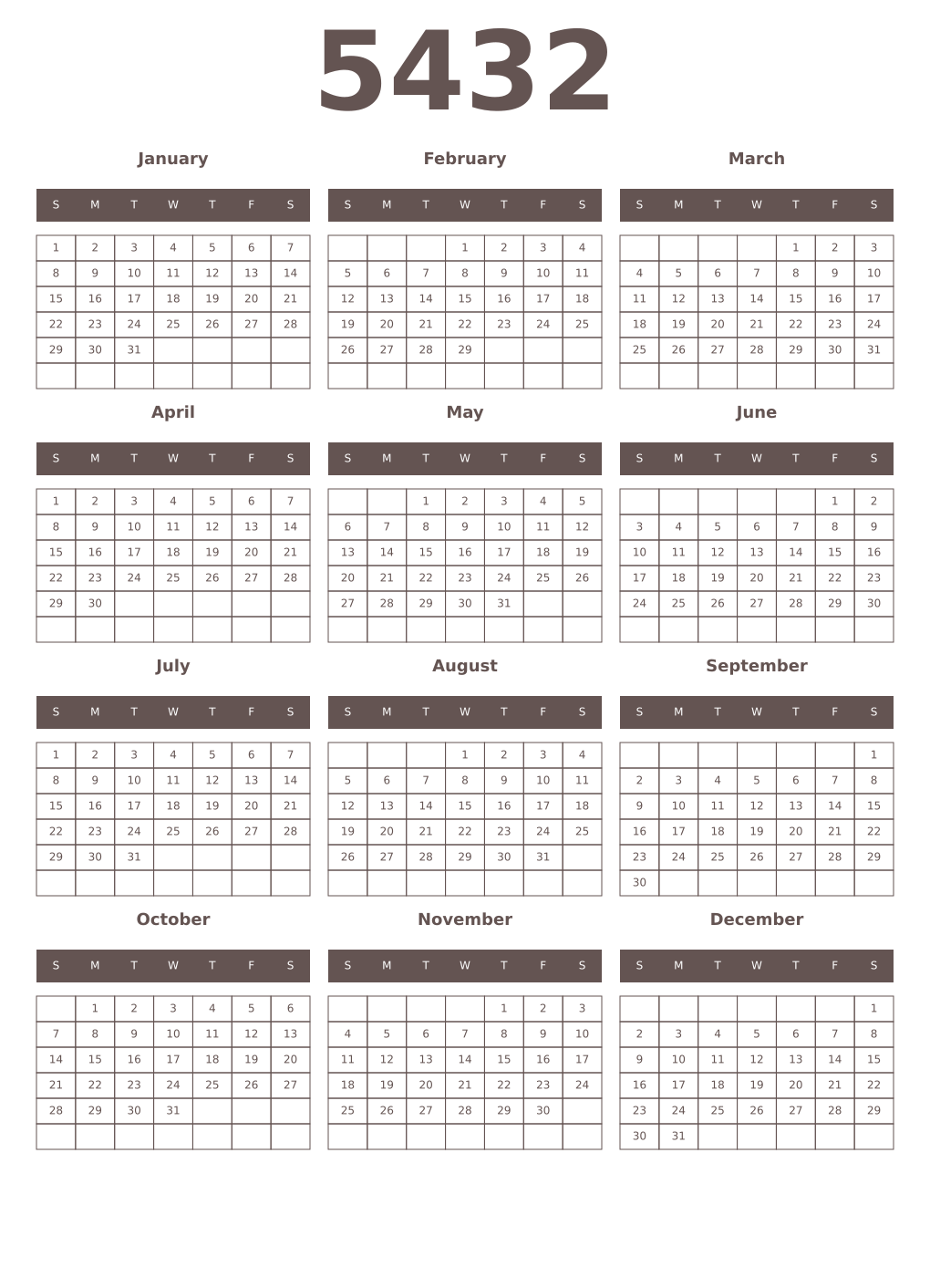 Printable 5432 Year Calendars wenge