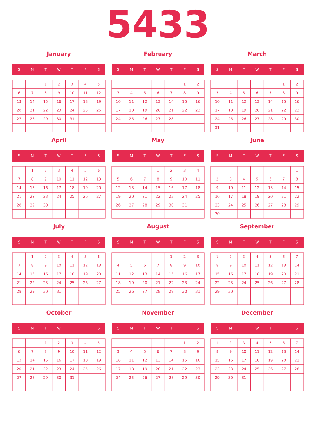 Printable 5433 Year Calendars amaranth