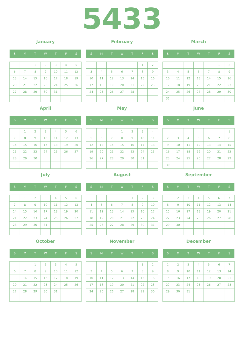 Printable 5433 Year Calendars celadon