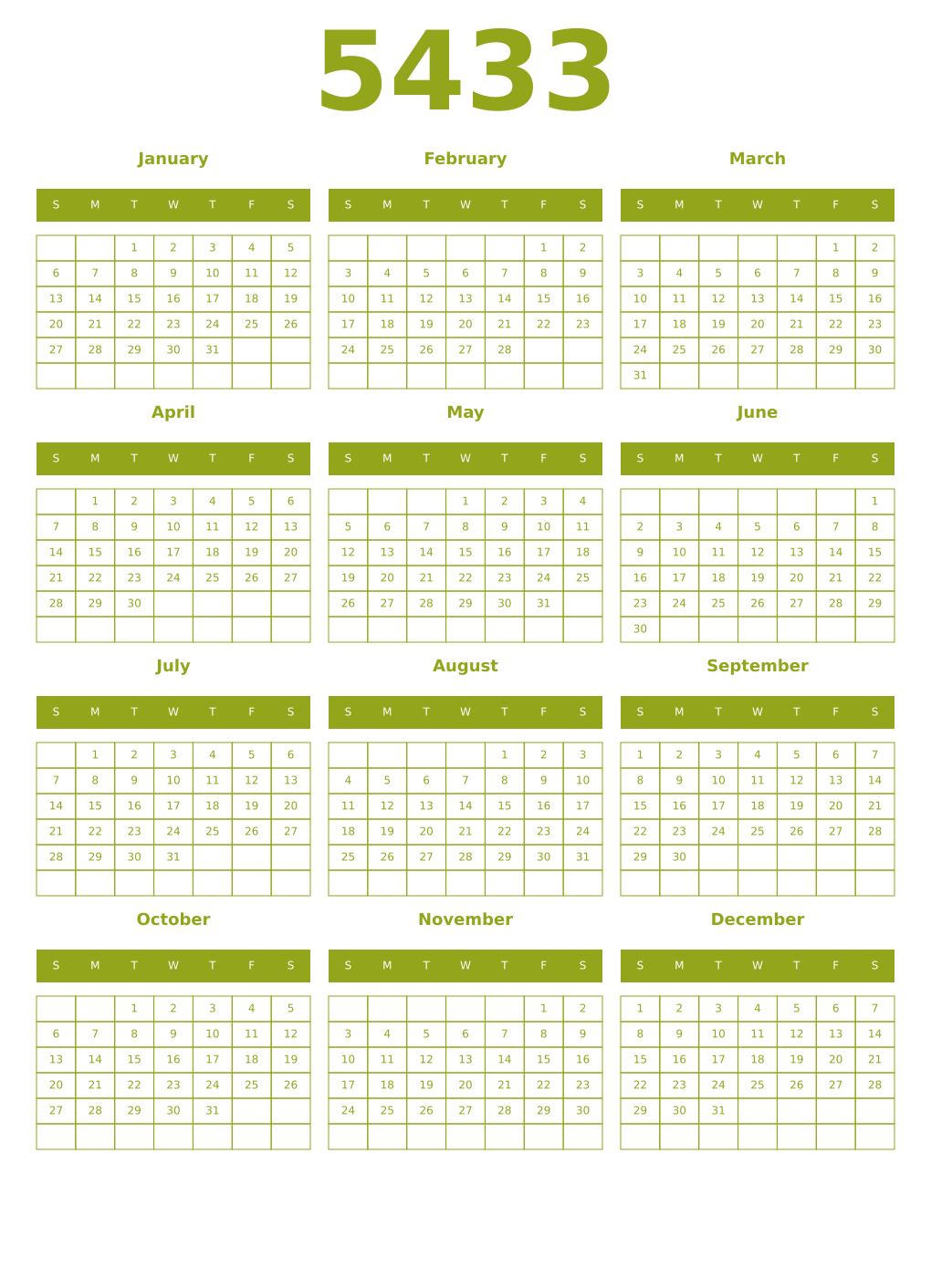 Printable 5433 Year Calendars chartreuse