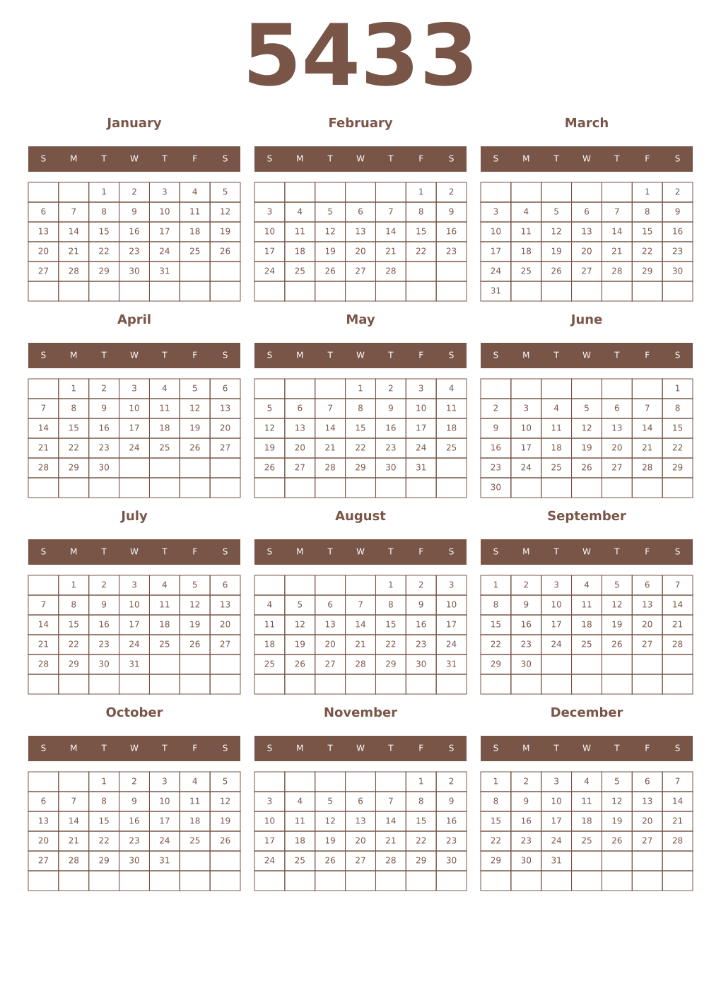 Printable 5433 Year Calendars coffe