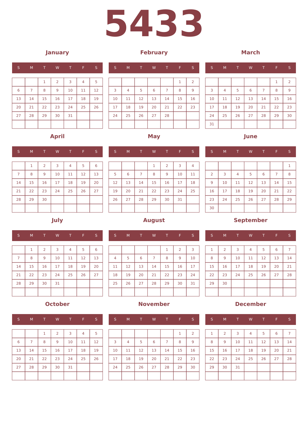 Printable 5433 Year Calendars cordovan