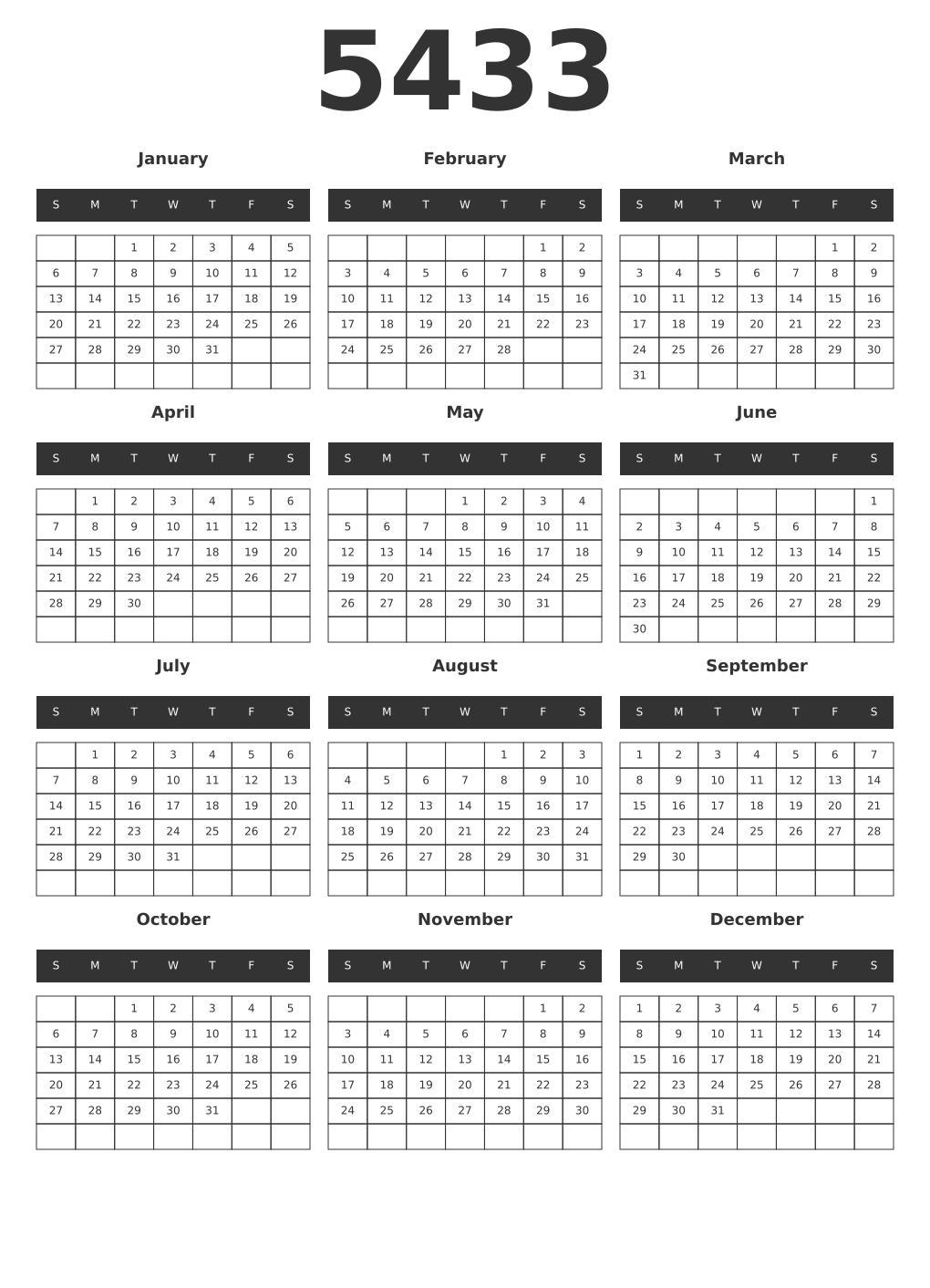 Printable 5433 Year Calendars dark